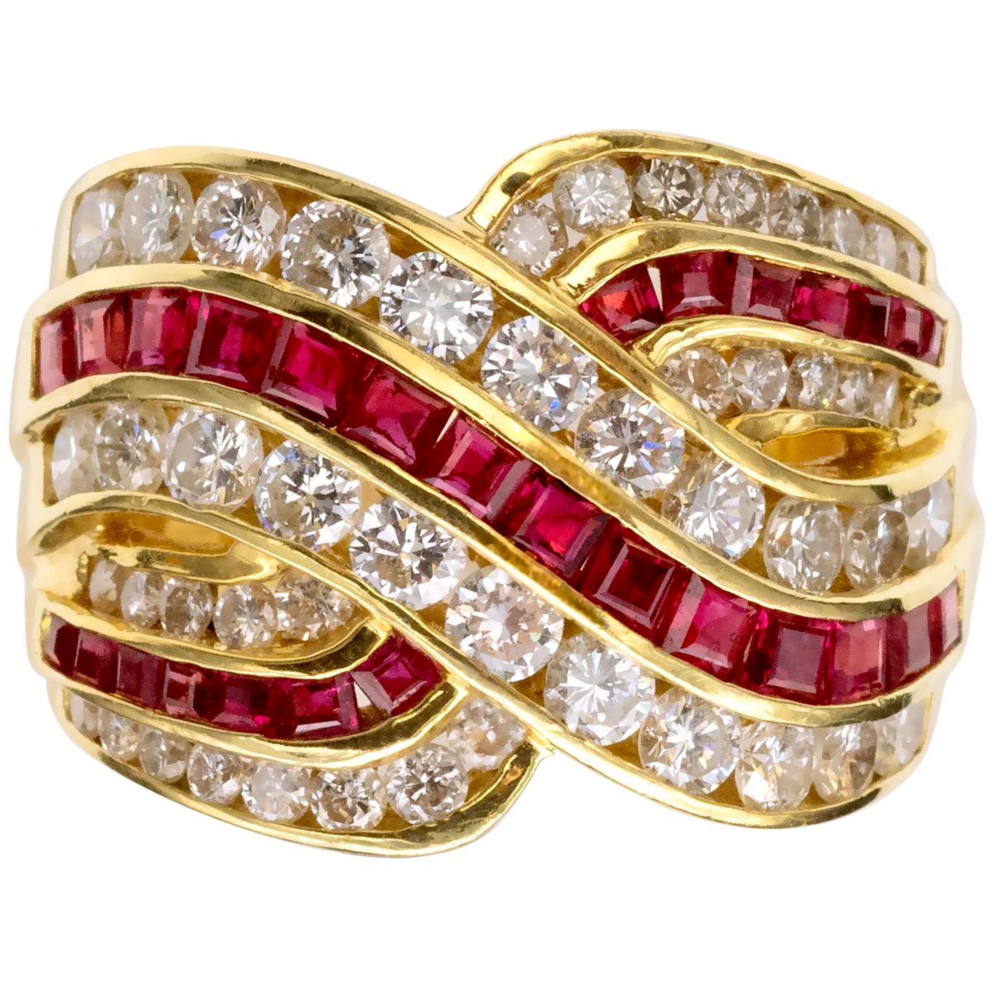 18K Yellow Gold Ruby Diamond Cocktail Ring, Late 20th Century