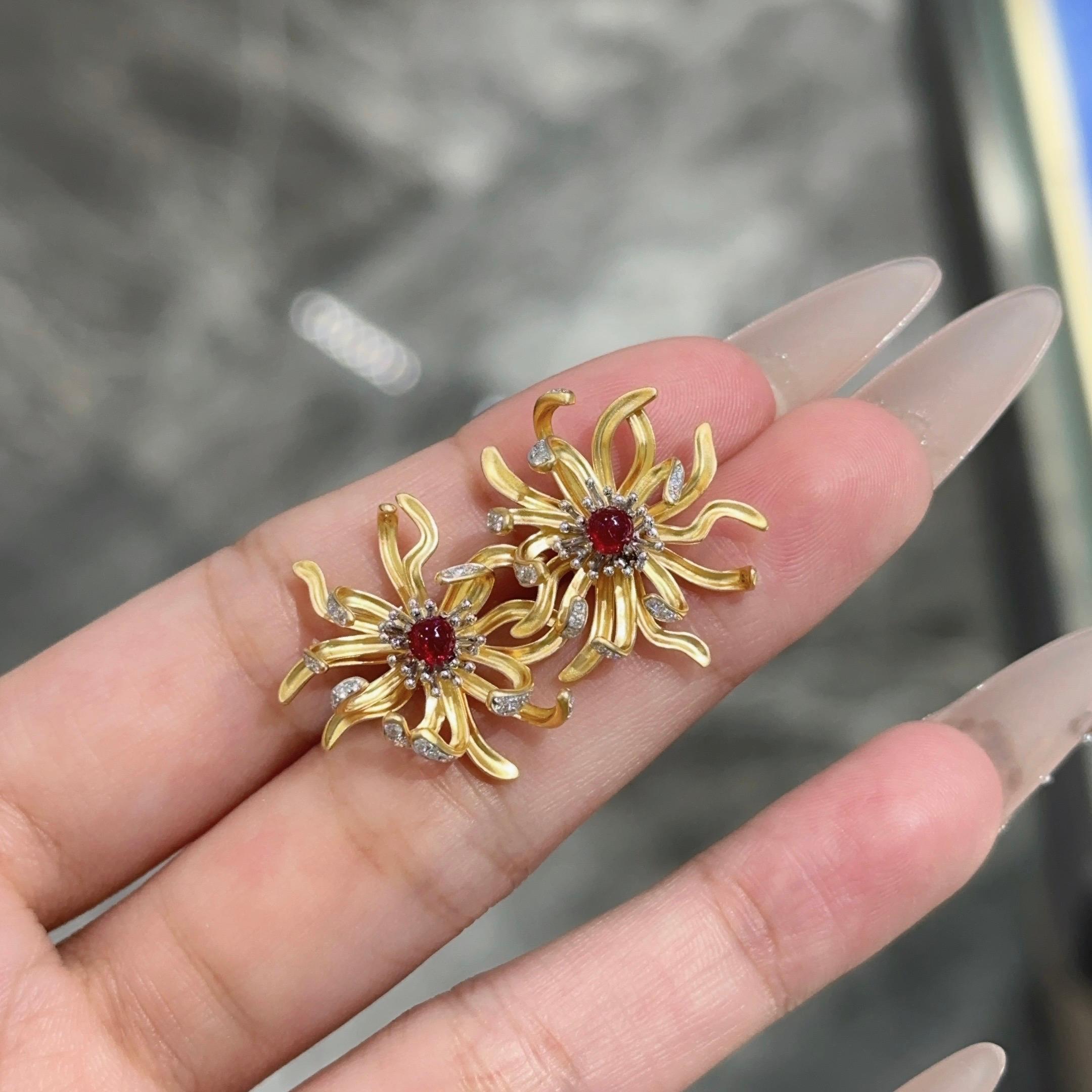 18K Yellow Gold Ruby & Diamond Daisy Stud Flower Earrings For Sale 4