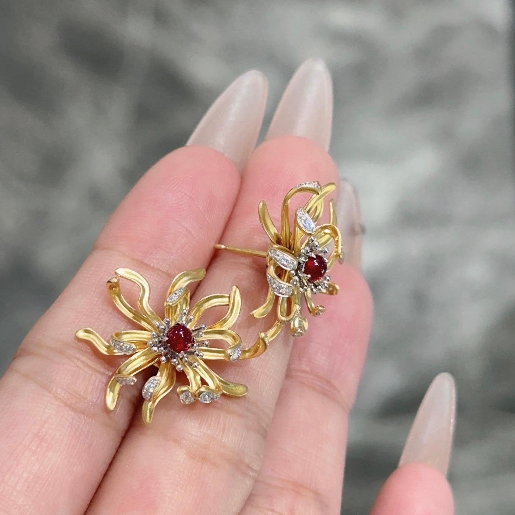 18K Yellow Gold Ruby & Diamond Daisy Stud Flower Earrings For Sale 5