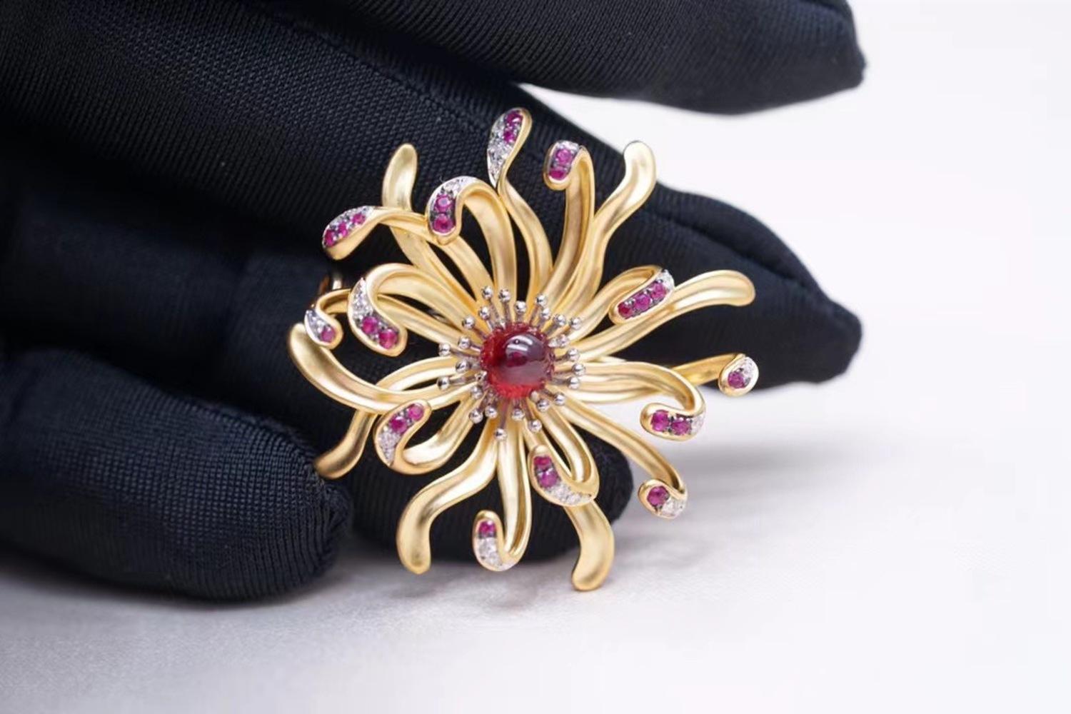 18K Yellow Gold Ruby & Diamond Daisy Stud Flower Earrings For Sale 2