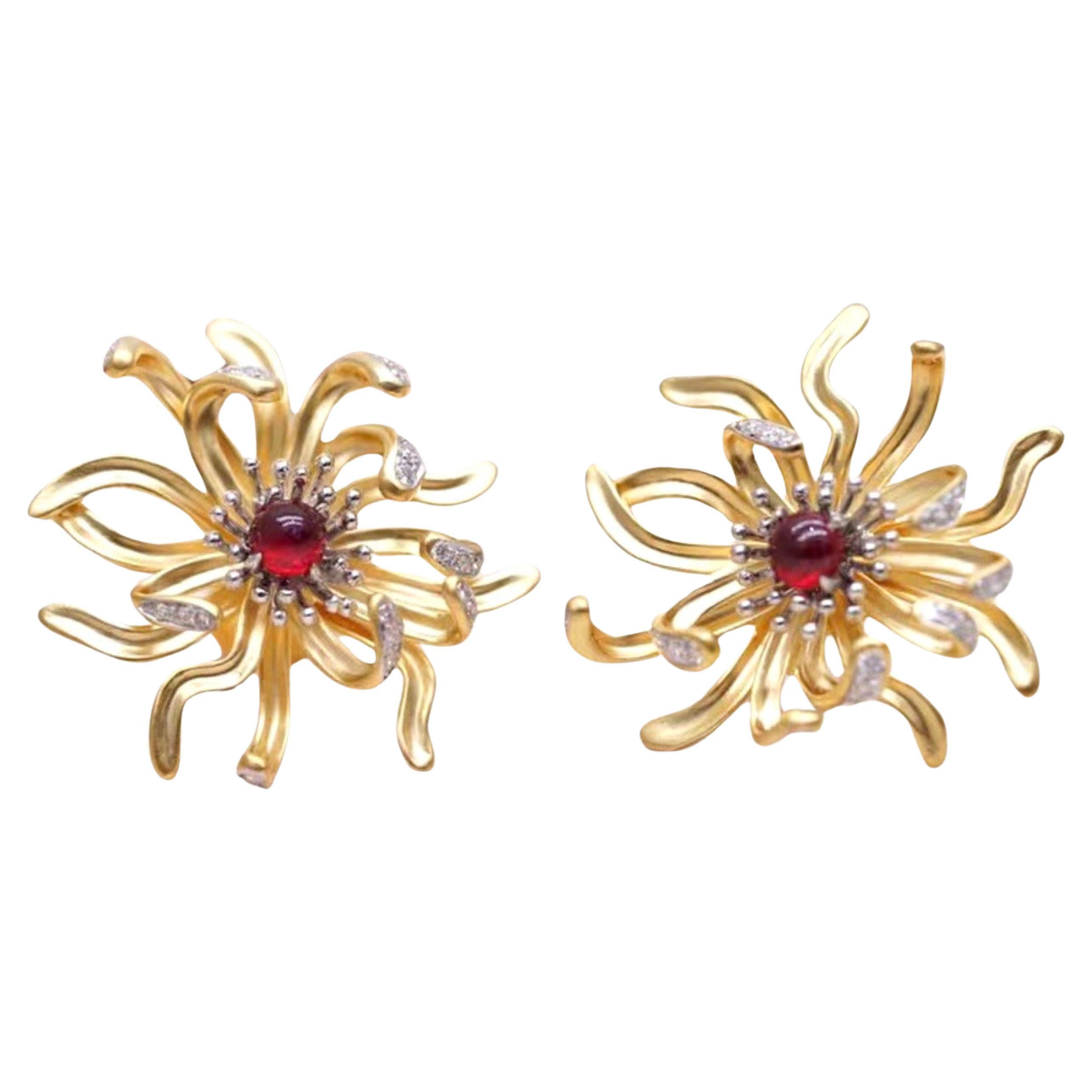 18K Yellow Gold Ruby & Diamond Daisy Stud Flower Earrings
