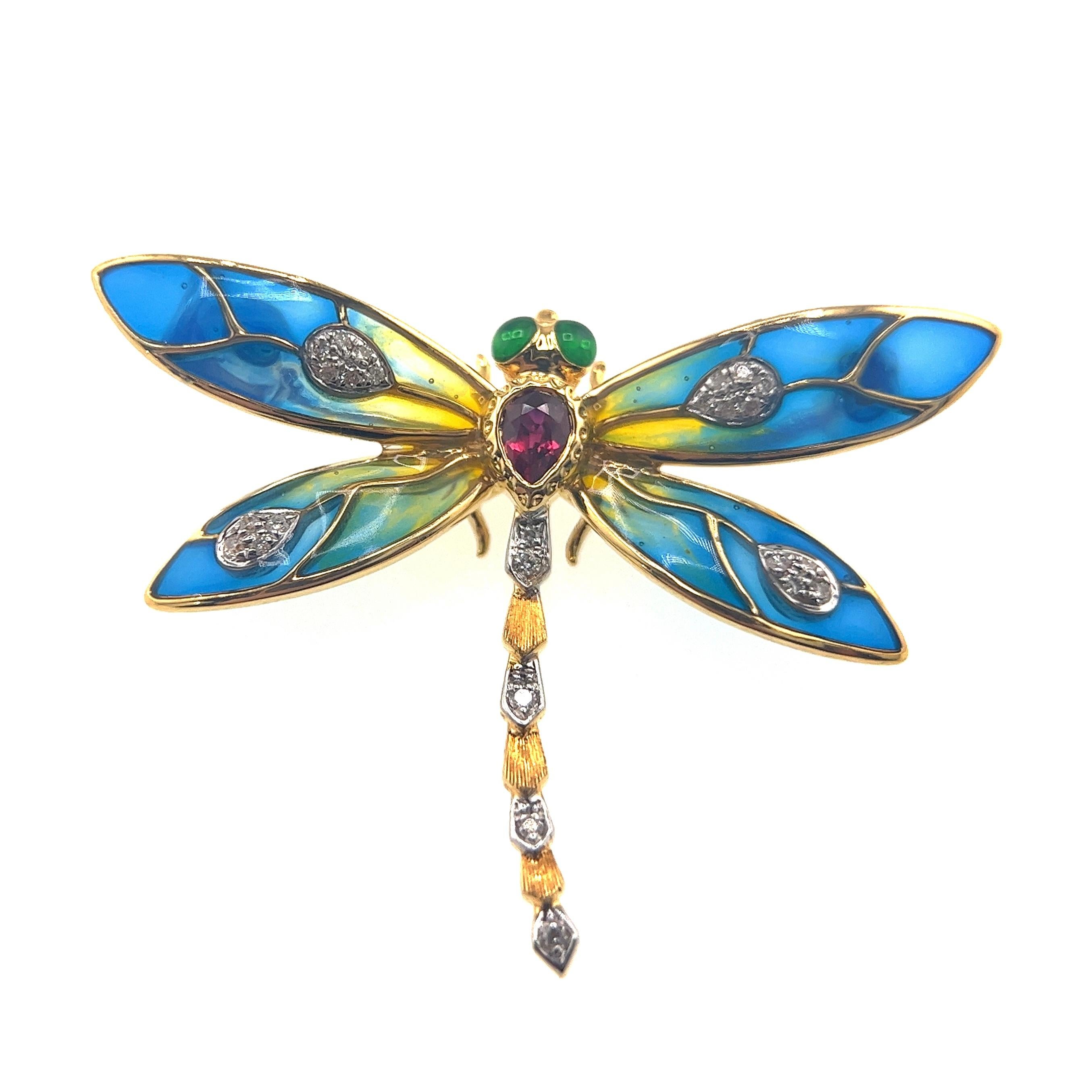 Modern 18K Yellow Gold Ruby & Diamond Dragonfly Brooch Pendant