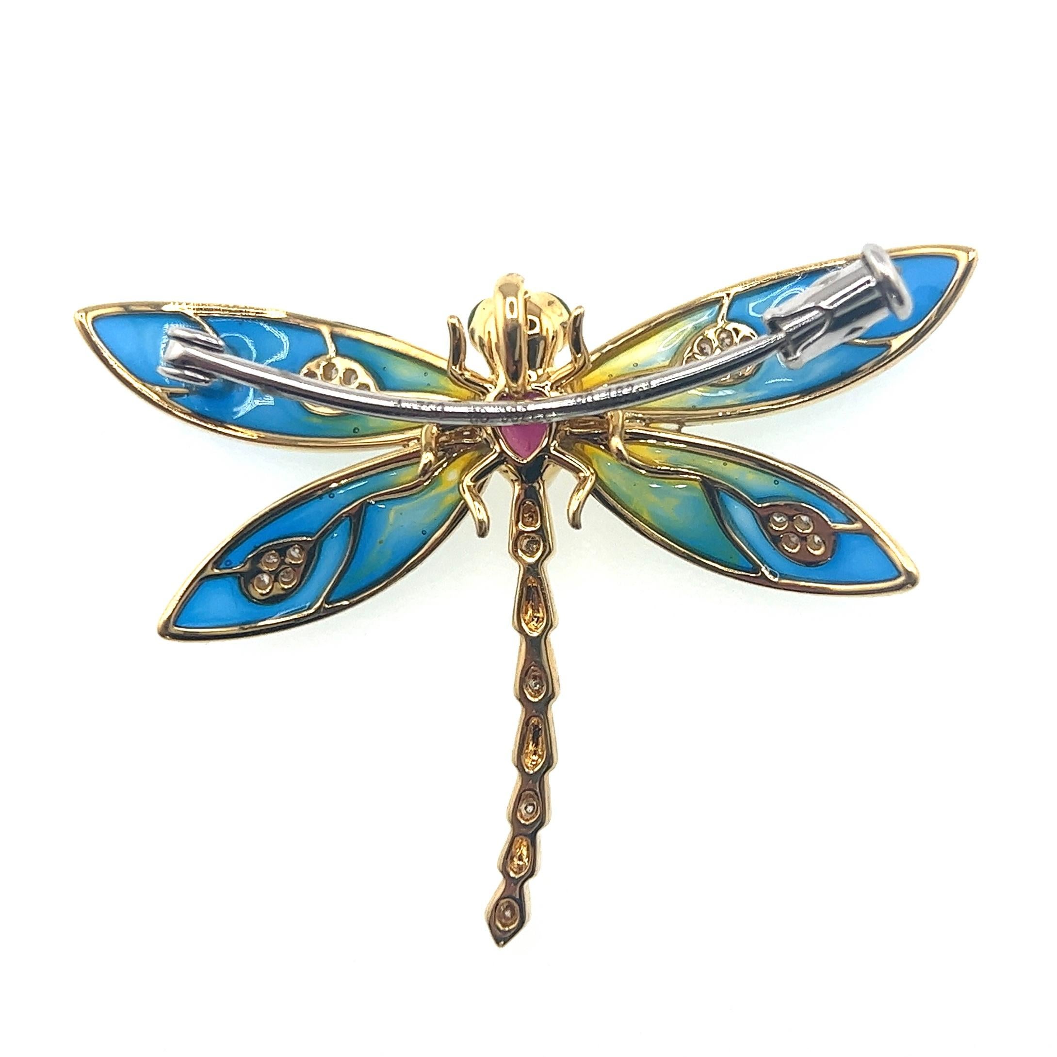 Cushion Cut 18K Yellow Gold Ruby & Diamond Dragonfly Brooch Pendant