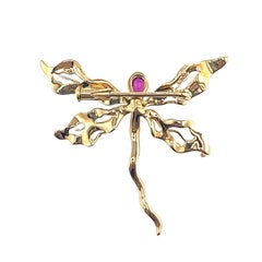 18K Yellow Gold Ruby & Diamond Dragonfly Pendant Brooch