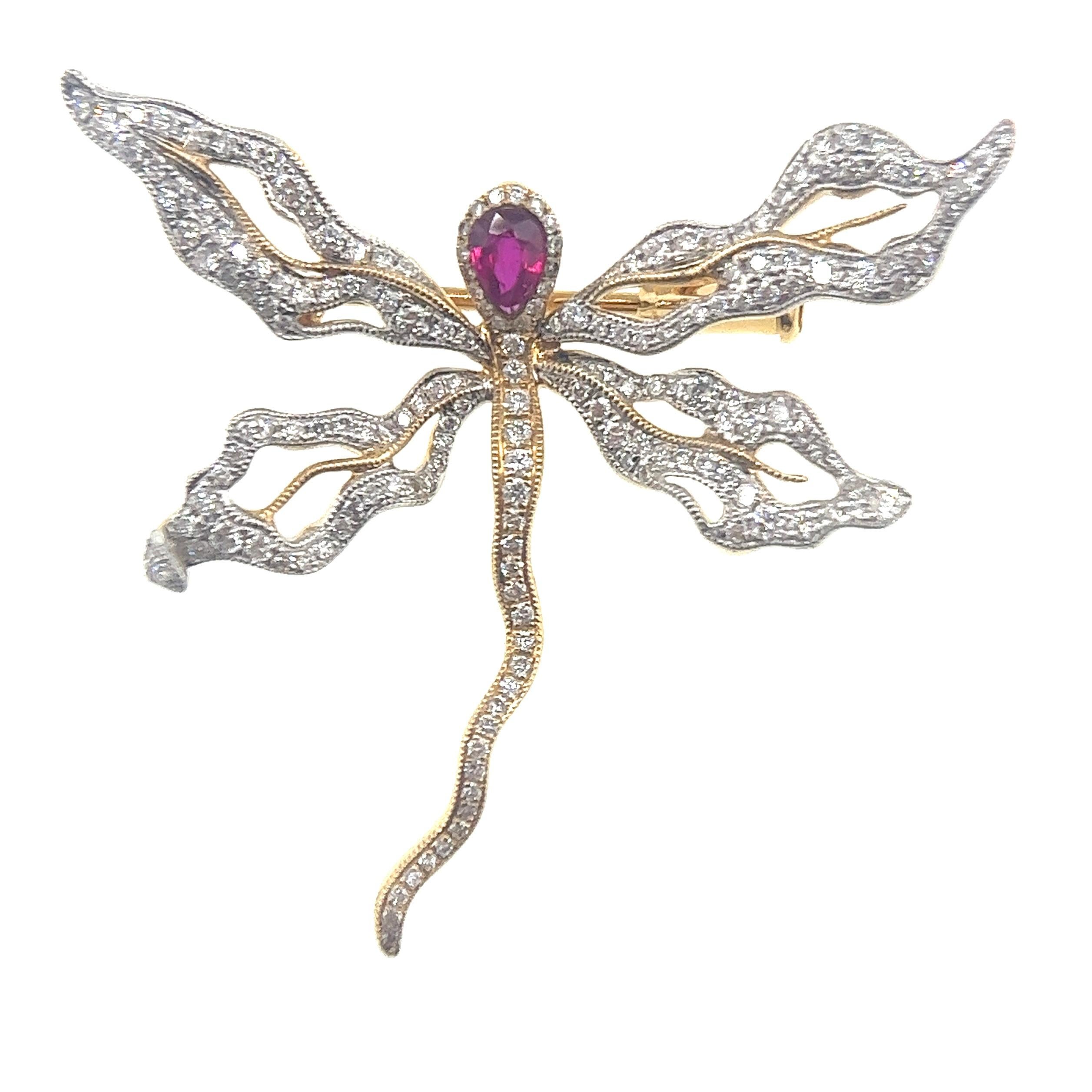 Modern 18K Yellow Gold Ruby & Diamond Dragonfly Pendant Brooch For Sale