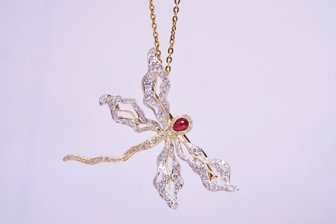 18K Yellow Gold Ruby & Diamond Dragonfly Pendant Brooch In New Condition For Sale In Kowloon, HK