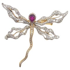 18K Yellow Gold Ruby & Diamond Dragonfly Pendant Brooch