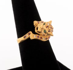 18K Yellow Gold Ruby Diamond Emerald Leopard-Form Ring