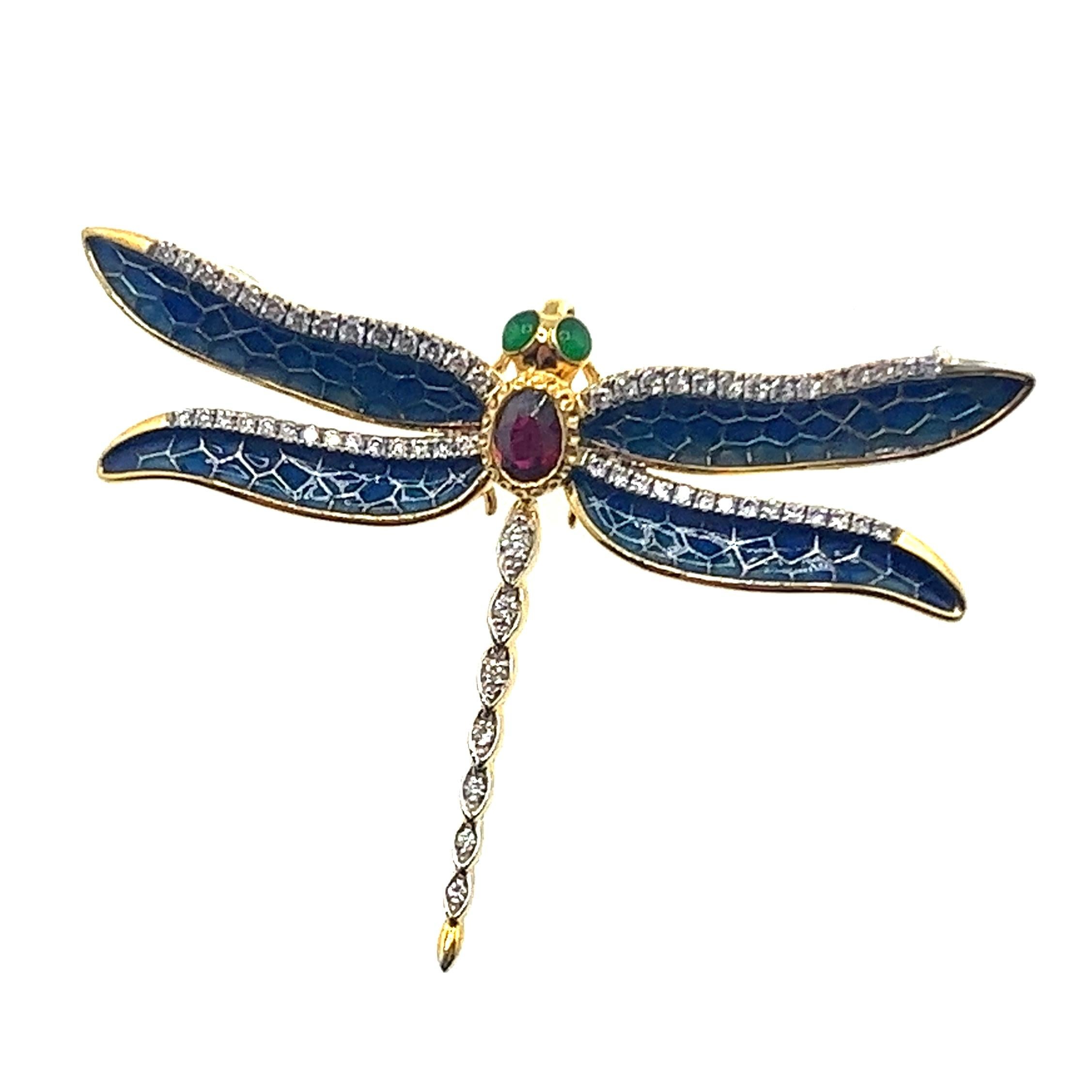Broche y Colgante Libélula Esmaltado con Rubíes y Diamantes en Oro Amarillo de 18K en venta 4