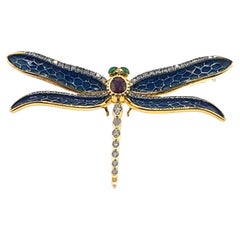 18K Yellow Gold Ruby & Diamond Enameled Dragonfly Brooch & Pendant