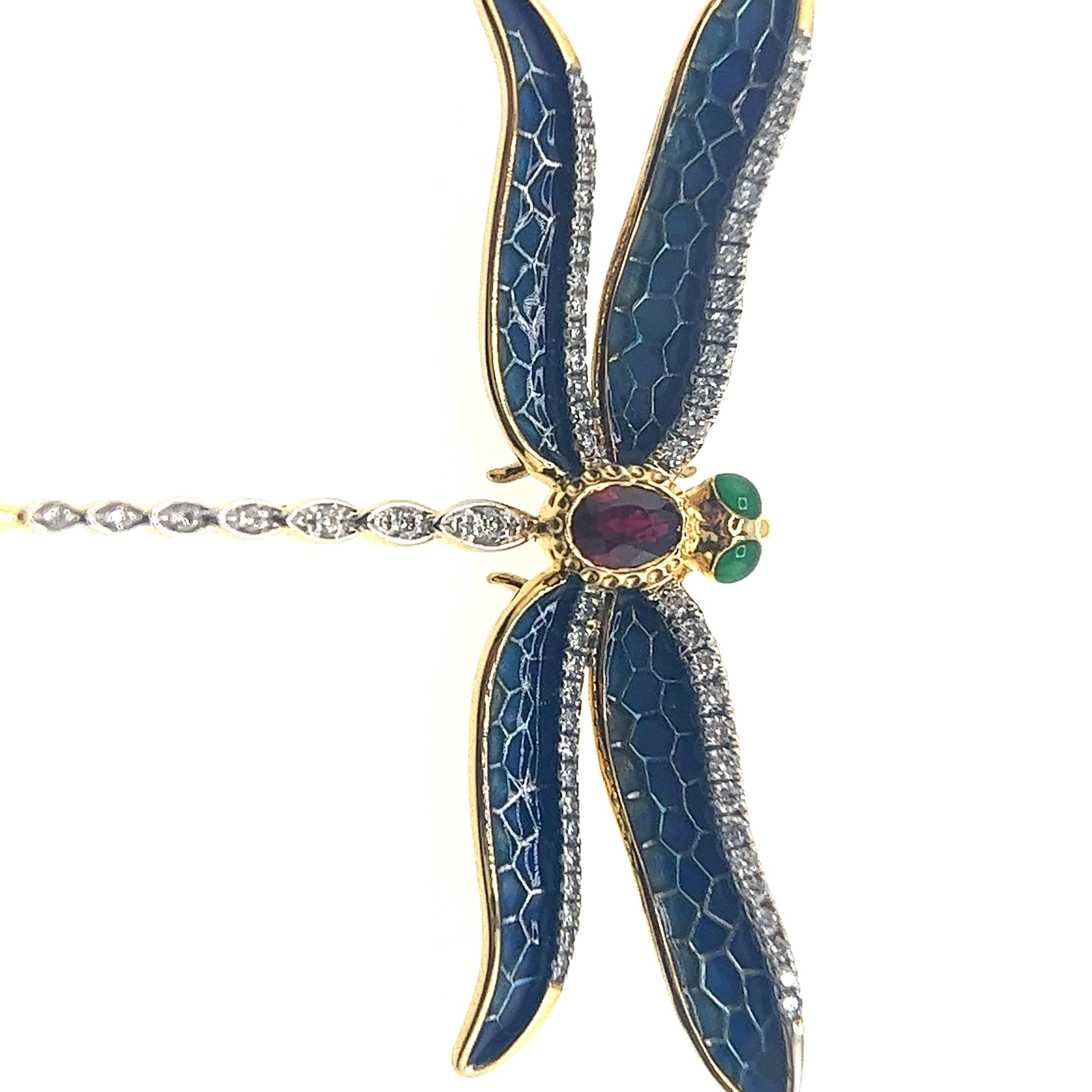 Broche y Colgante Libélula Esmaltado con Rubíes y Diamantes en Oro Amarillo de 18K Moderno en venta