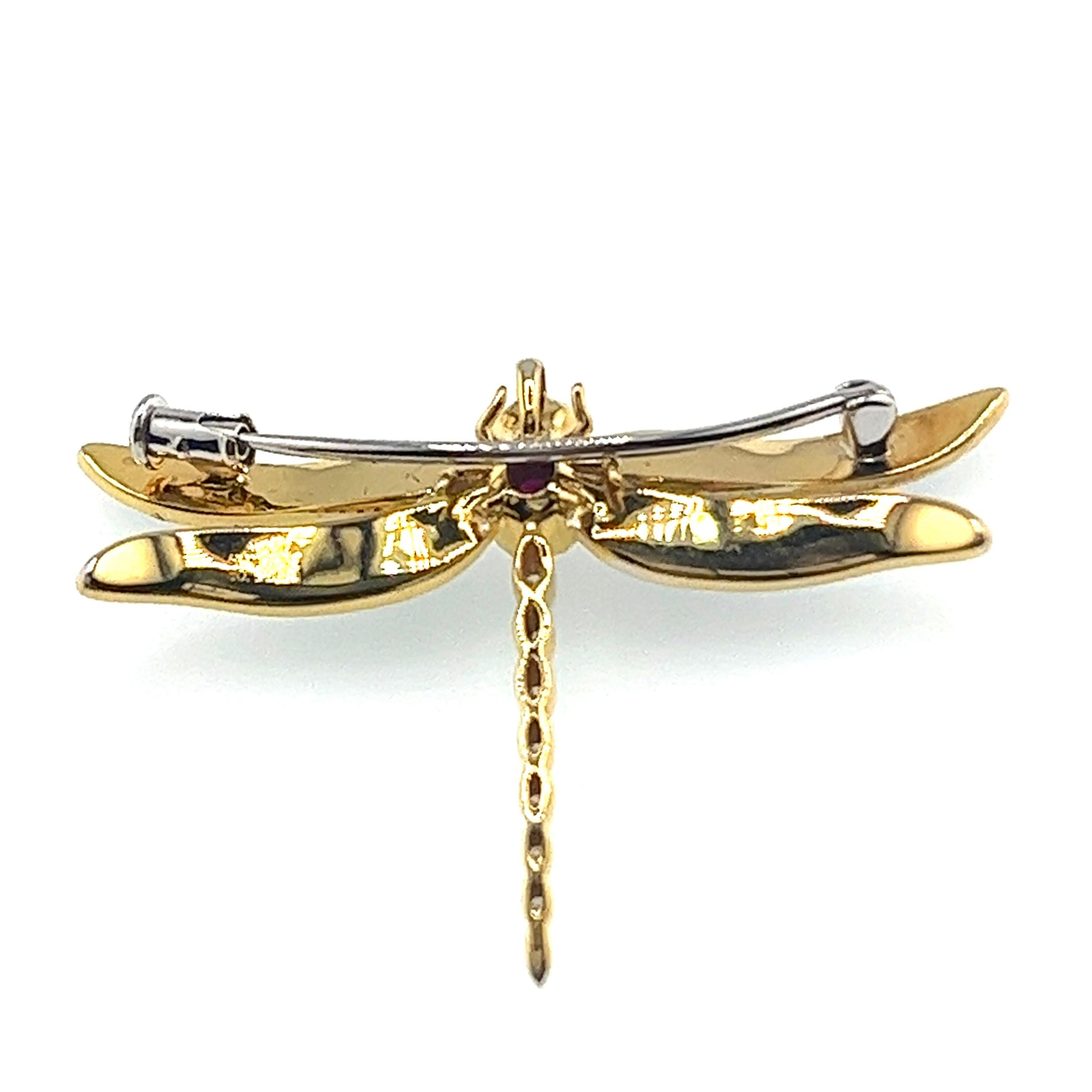 Broche y Colgante Libélula Esmaltado con Rubíes y Diamantes en Oro Amarillo de 18K Corte cojín en venta
