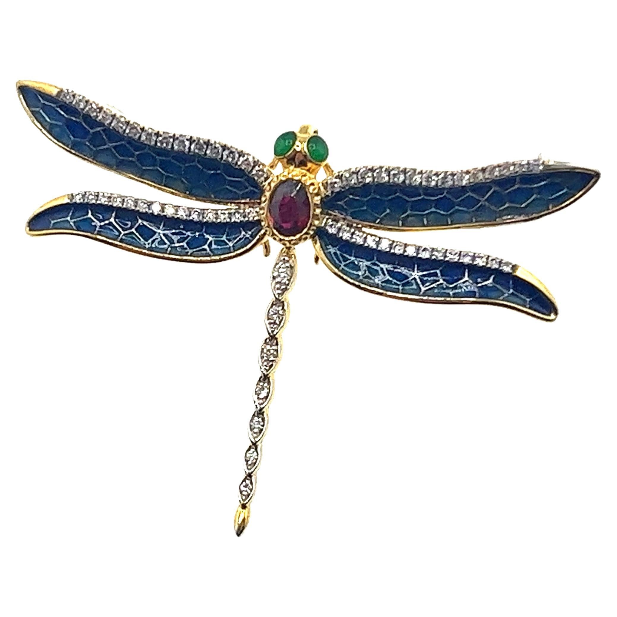 18K Yellow Gold Ruby & Diamond Enameled Dragonfly Brooch & Pendant