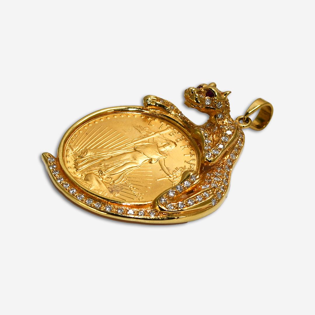 18 Karat Gelbgold Rubin & Diamant Panther-Anhänger mit amerikanischer Goldadler- Münze (Rundschliff)