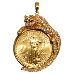 18K Yellow Gold Ruby & Diamond Panther Pendant with American Gold Eagle coin
