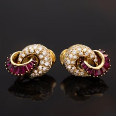 18k Yellow Gold Ruby Diamond Stud Earrings, G Color, VS+ Clarity