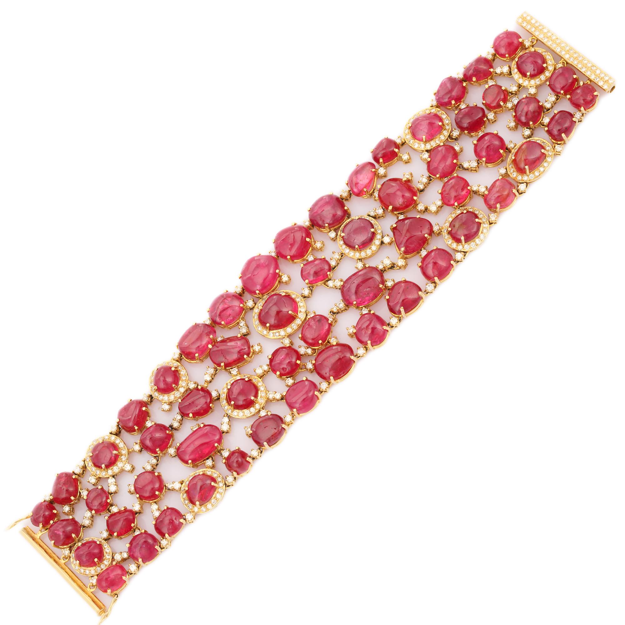 This Statement Ruby Diamond Bracelet in 18K gold showcases 58 endlessly sparkling natural ruby, weighing 207.68 carats and 144 pieces of diamonds weighing 7.72 carats. It measures 7.5 inches long in length. 
Ruby gemstone improves mental