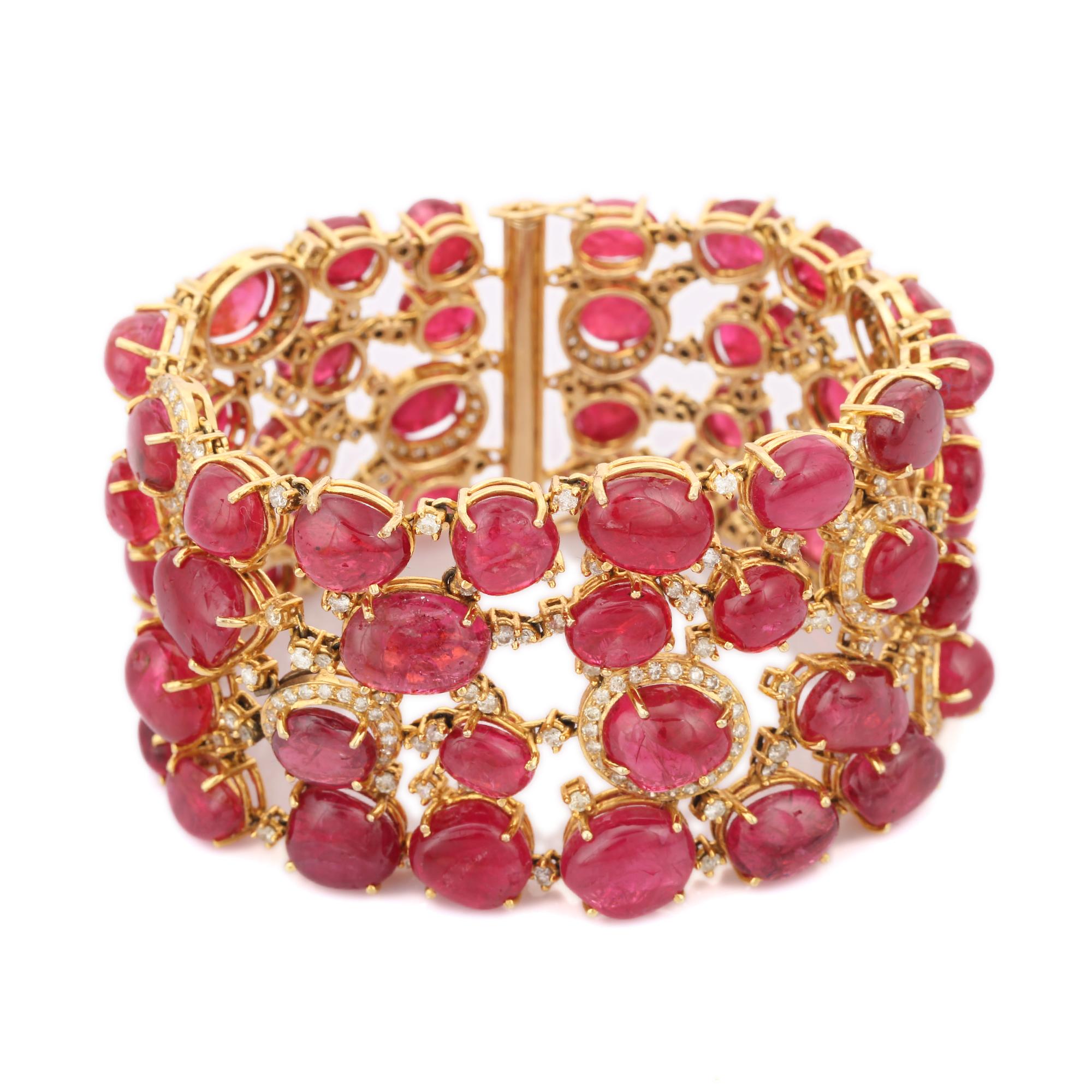Contemporary 18kt Solid Yellow Gold 207.68 Carat TW Ruby Bracelet with 7.72 CTW Diamonds For Sale