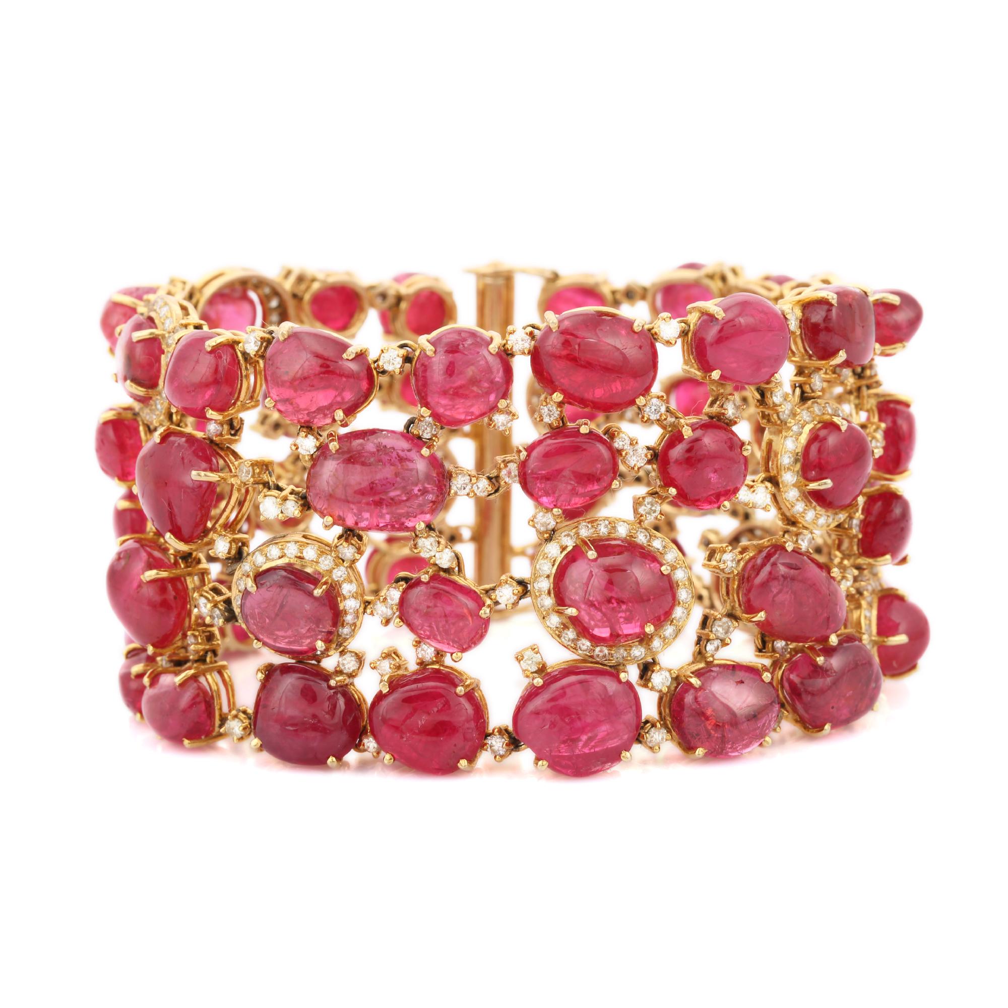 Oval Cut 18kt Solid Yellow Gold 207.68 Carat TW Ruby Bracelet with 7.72 CTW Diamonds For Sale