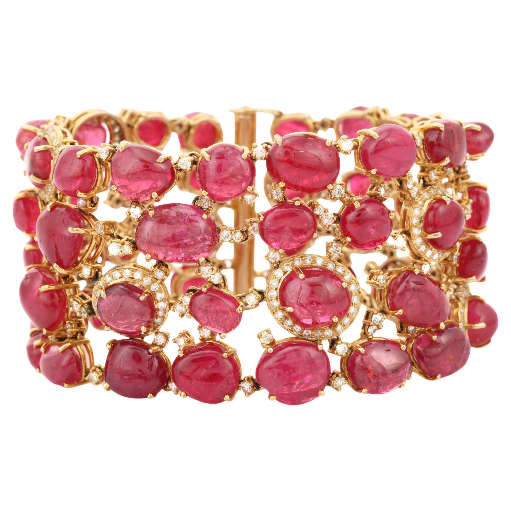 18kt Solid Yellow Gold 207.68 Carat TW Ruby Bracelet with 7.72 CTW Diamonds