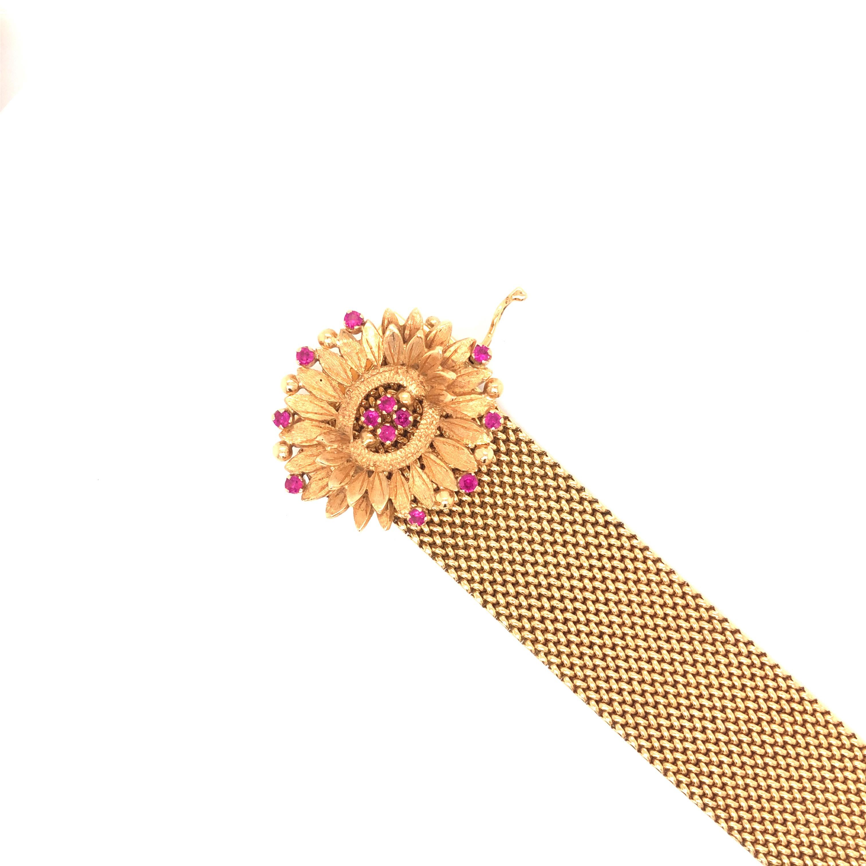 Round Cut 18 Karat Yellow Gold Ruby Flower Slide Mesh Bracelet For Sale