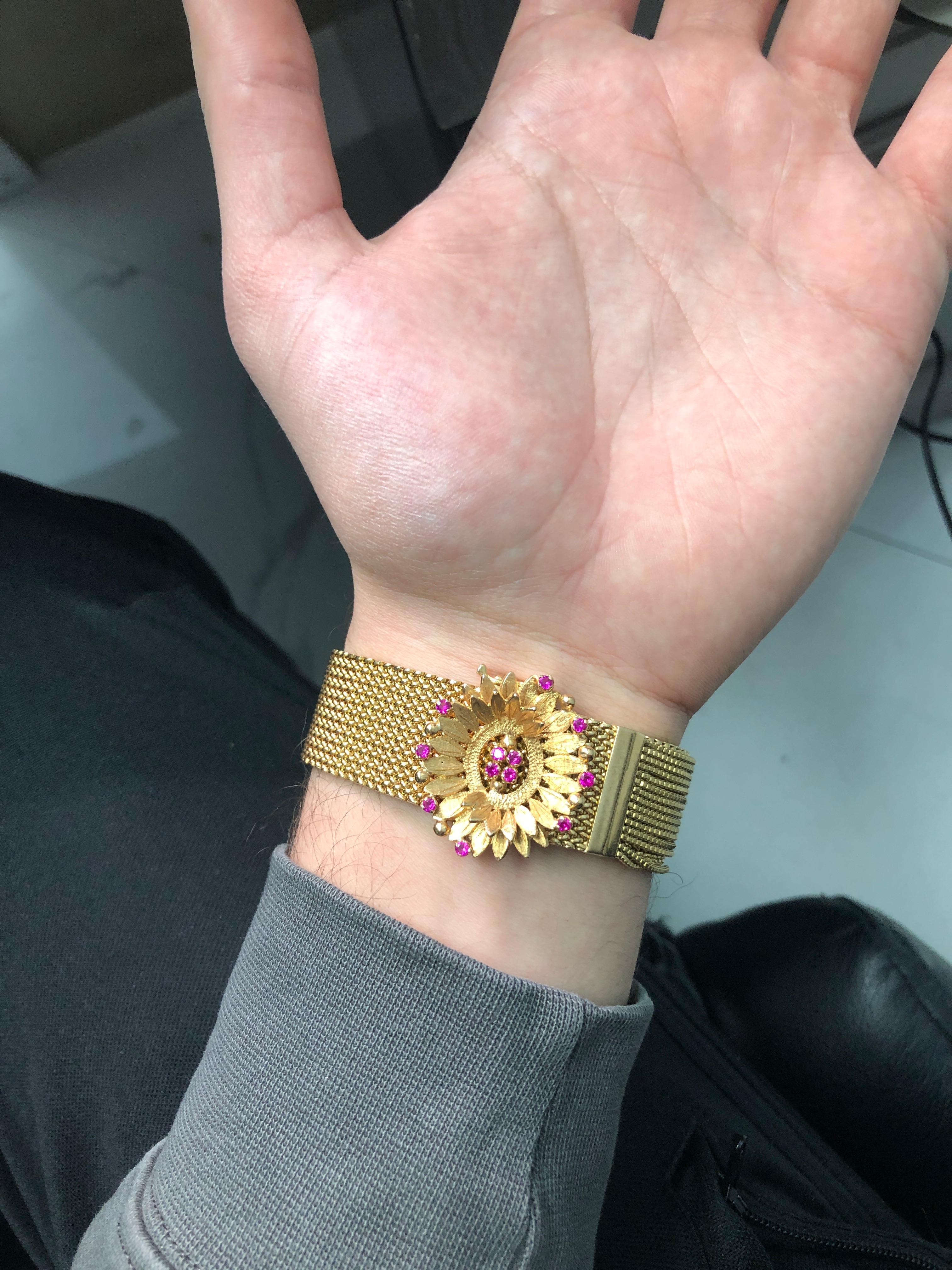 Women's 18 Karat Yellow Gold Ruby Flower Slide Mesh Bracelet For Sale