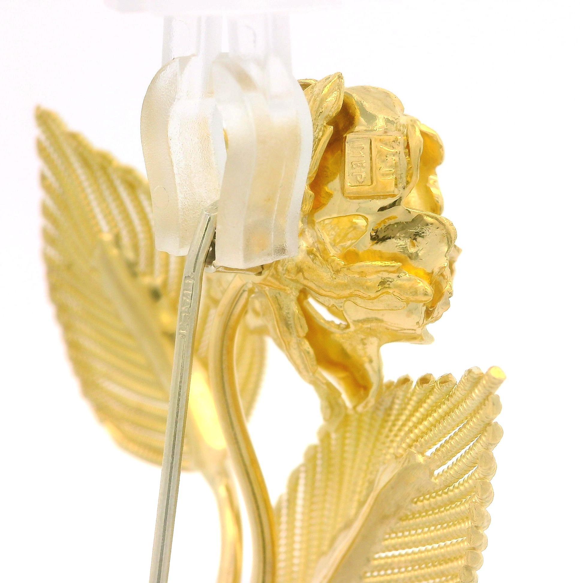 Femenino o masculino Alfiler Broche de Oro Amarillo 18k Rubí Hand Made Elegante Flor Hoja de Alambre Torcido en venta