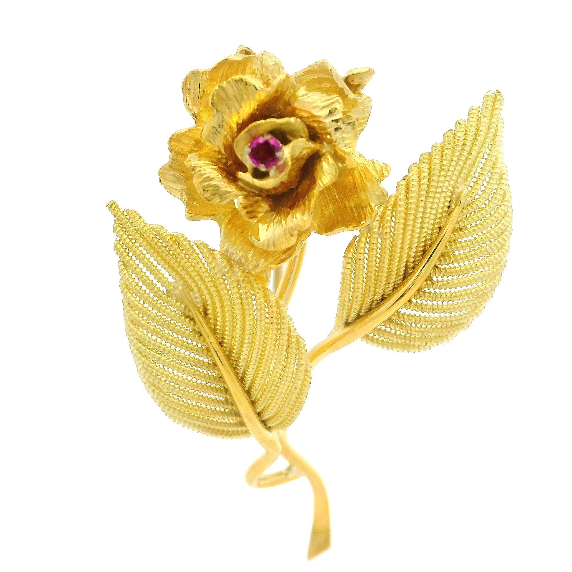 Alfiler Broche de Oro Amarillo 18k Rubí Hand Made Elegante Flor Hoja de Alambre Torcido en venta 1