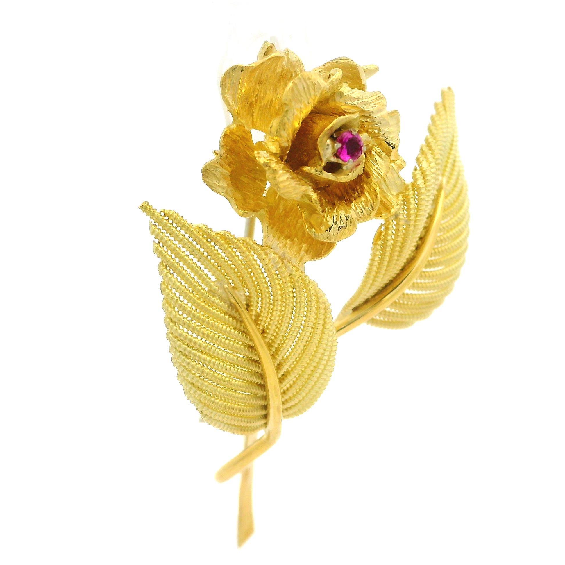 Alfiler Broche de Oro Amarillo 18k Rubí Hand Made Elegante Flor Hoja de Alambre Torcido en venta 2