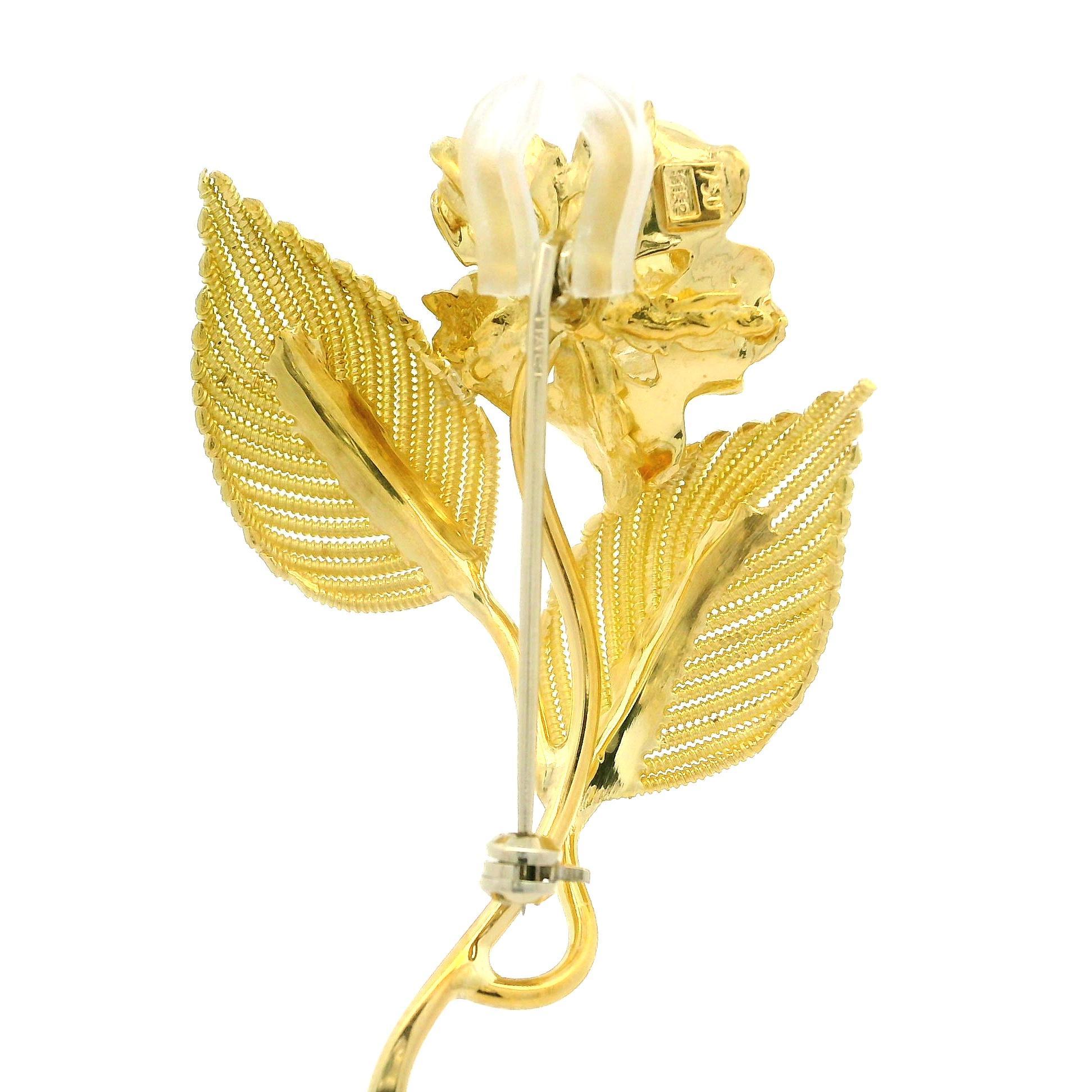 Alfiler Broche de Oro Amarillo 18k Rubí Hand Made Elegante Flor Hoja de Alambre Torcido en venta 3