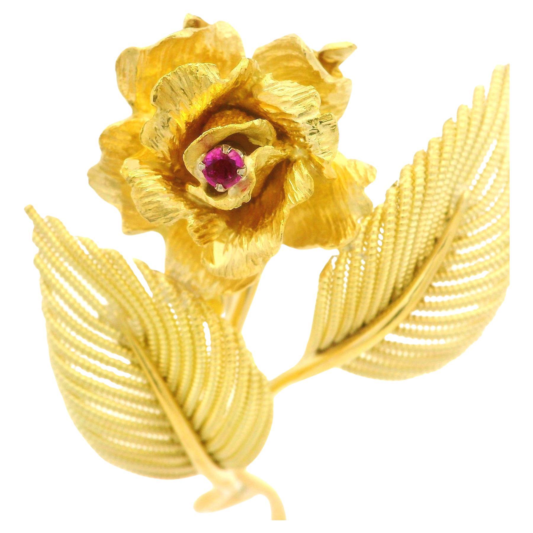 18k Yellow Gold Ruby Hand Made Elegant Flower Twisted Wire Leaf Brooch Pin