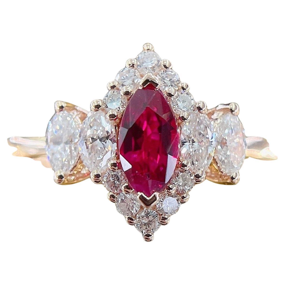 18K Yellow Gold Ruby Marquise Eye Ring with Natural Diamonds