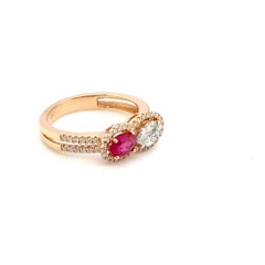 18k Yellow Gold Ruby Oval Cts 0.61 Diamond Cluster Engagement Ring