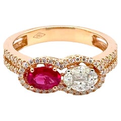 18k Yellow Gold Ruby Oval Cts 0.61 Diamond Cluster Engagement Ring