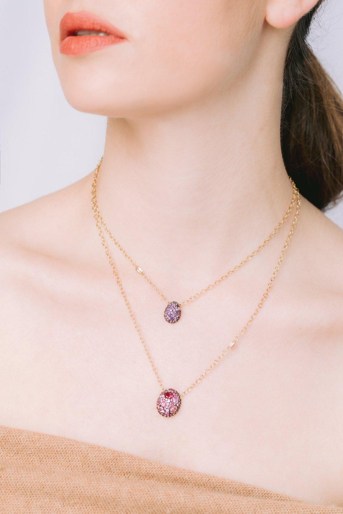 Round Cut 18k Yellow Gold Ruby, Pink Sapphire, Pink Tourmaline Nugget Pendant Necklace For Sale
