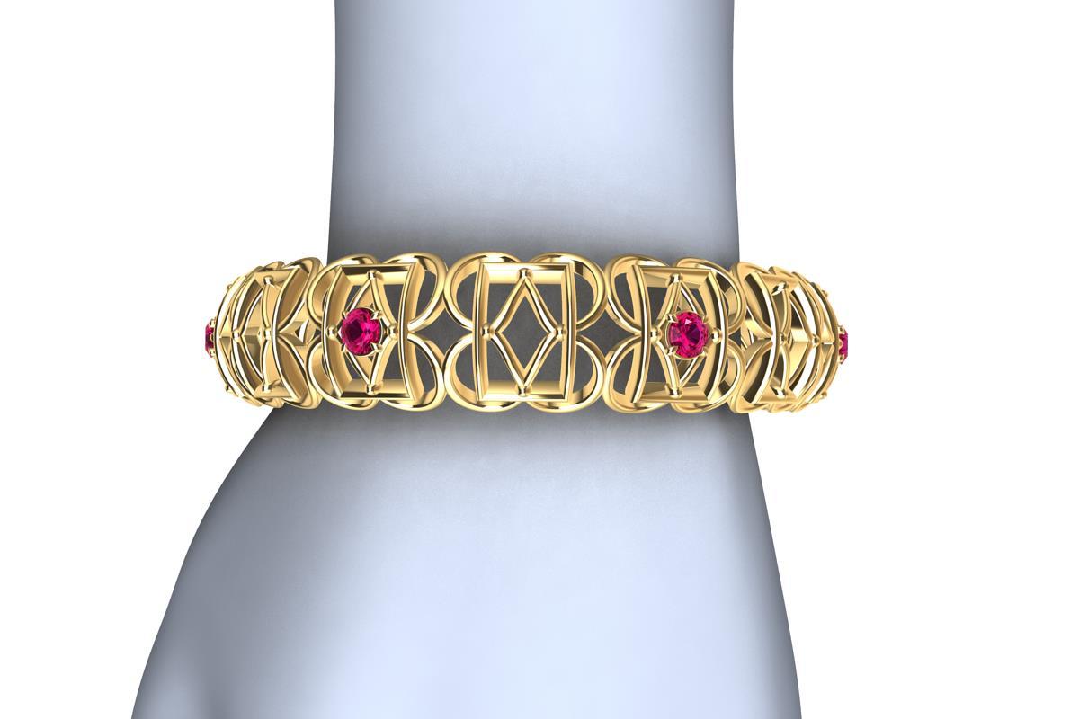 18k Yellow Gold Ruby Rectangle Rhombus Bangle, from the Gates series. This bracelet is inspired from hand wrought ironwork off balconies, windows, and gates in Europe. A modern twist with 7 rubies,  2.66 carats of diamond cut rubies for more charm.