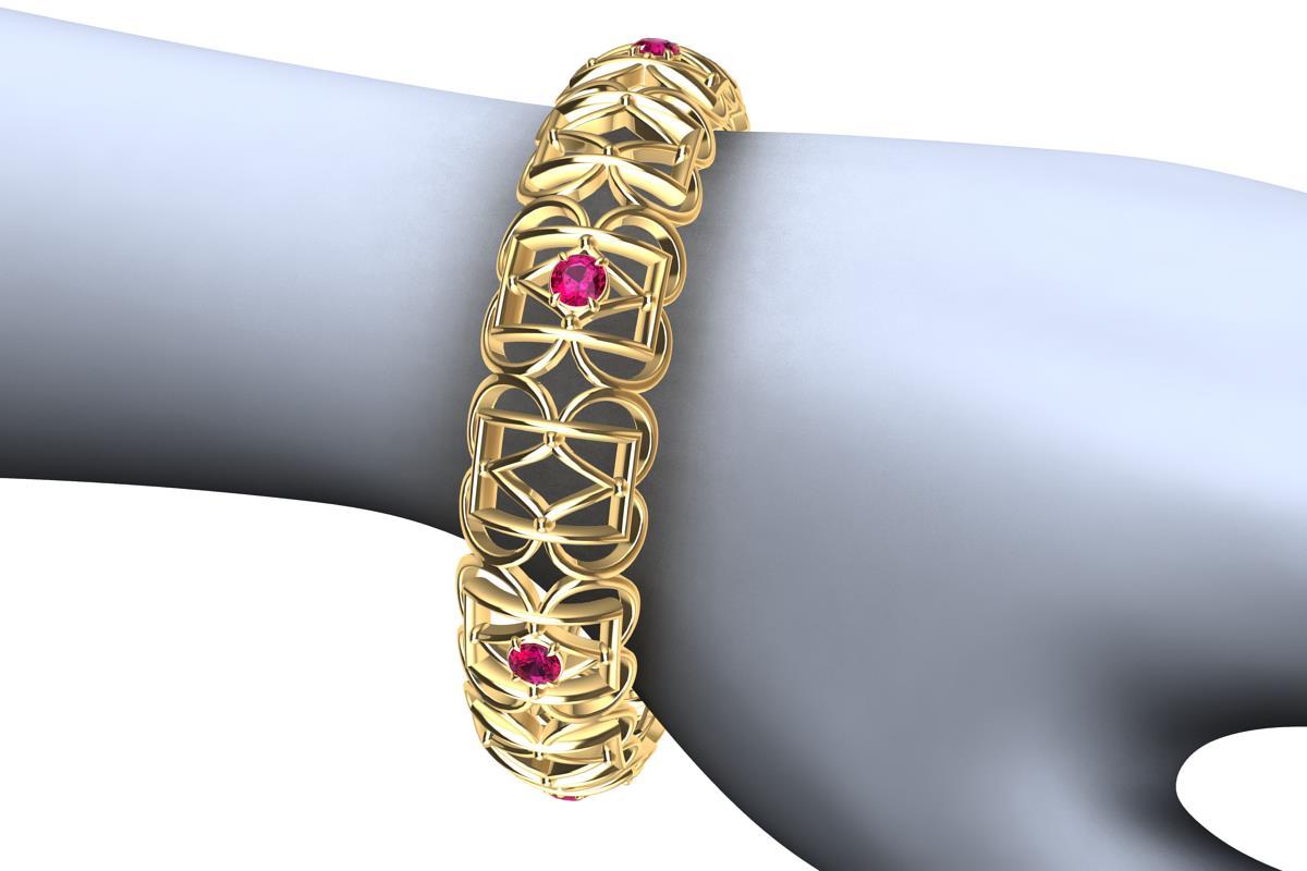 Contemporary 18 Karat Yellow Gold Ruby Rectangle Rhombus Bangle For Sale