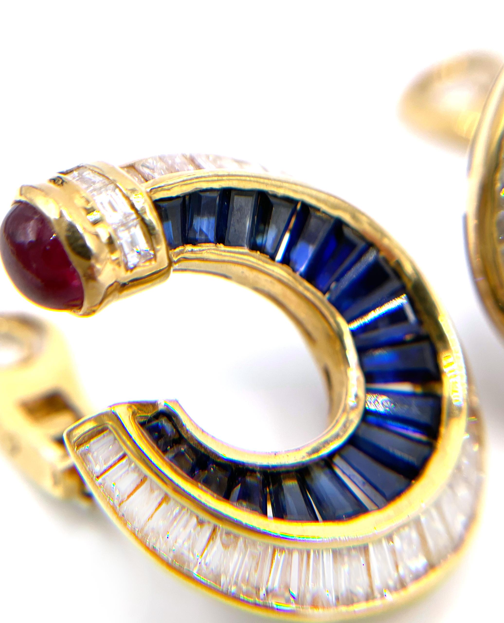 Contemporary 18k Yellow Gold Ruby Sapphire and Diamond Wrap Earrings, Clip on For Sale