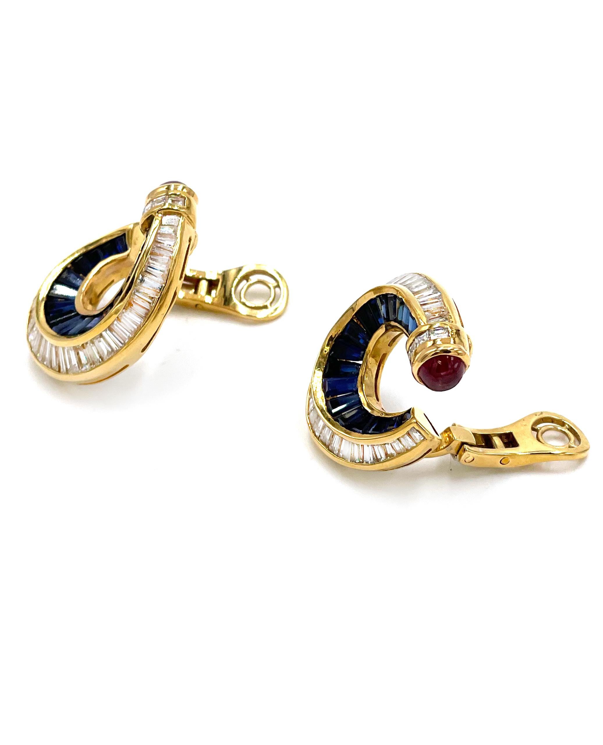 Baguette Cut 18k Yellow Gold Ruby Sapphire and Diamond Wrap Earrings, Clip on For Sale