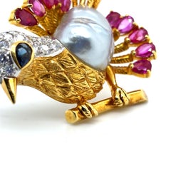 18k Yellow Gold Ruby Sapphire Diamond Bird Brooch