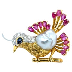 18k Yellow Gold Ruby Sapphire Diamond Bird Brooch