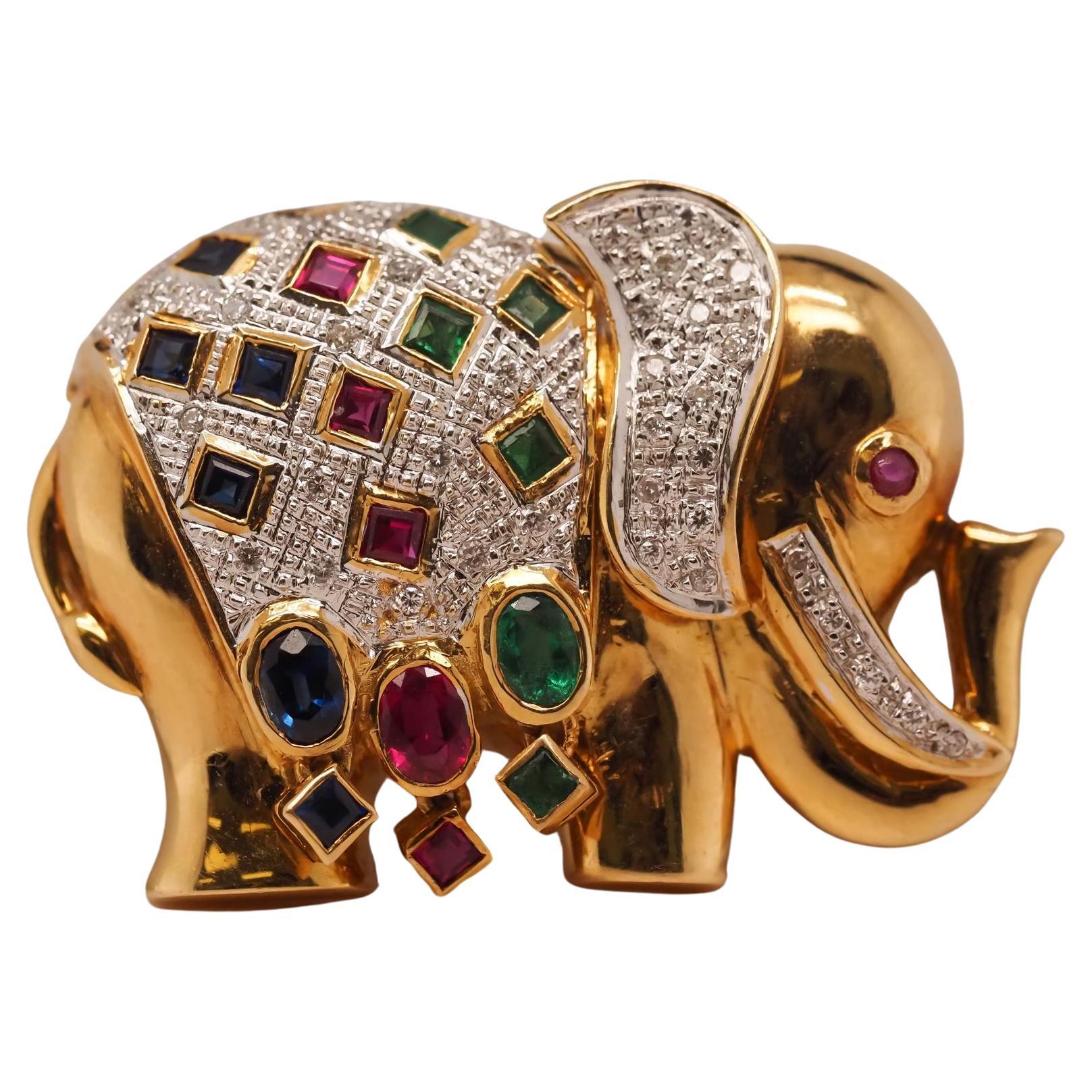 Broche et pendentif éléphant en or jaune 18 carats, rubis, saphir, émeraude et diamant