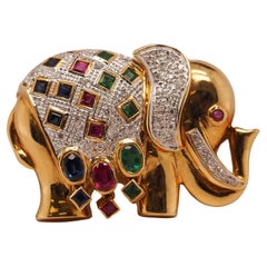Retro 18K Yellow Gold Ruby Sapphire Emerald and Diamond Elephant Brooch and Pendant