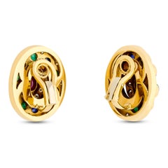 18K Yellow Gold Ruby, Sapphire, Emerald and Diamond Oval Earrings