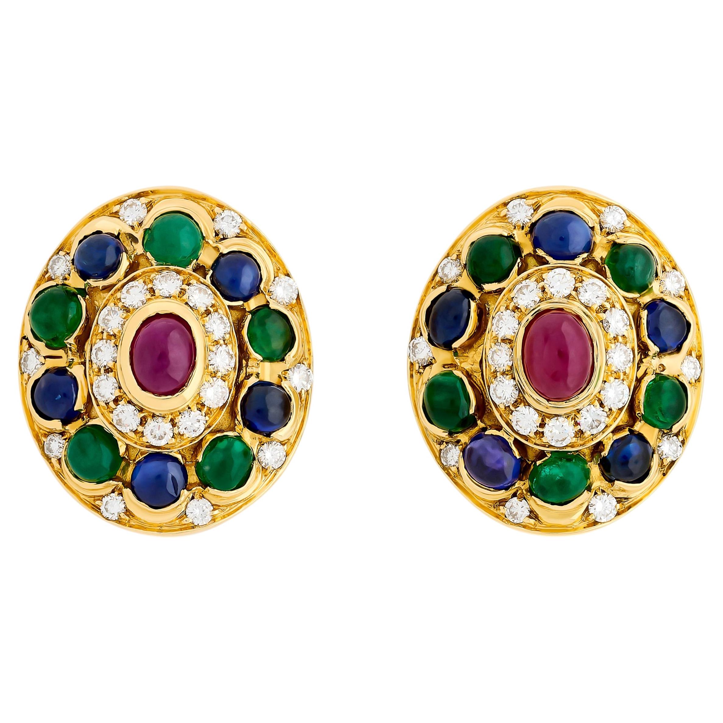 18K Yellow Gold Ruby, Sapphire, Emerald and Diamond Oval Earrings