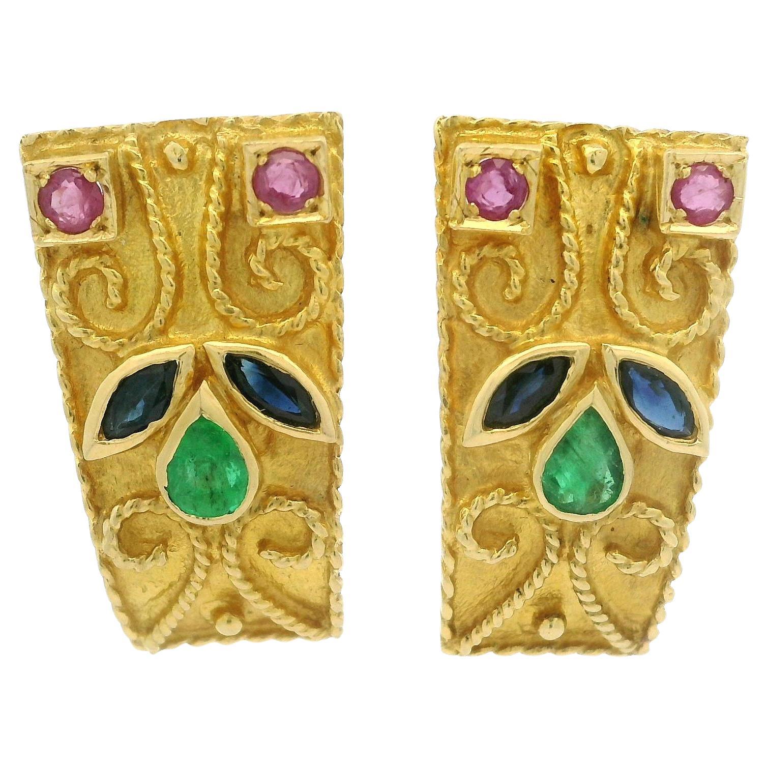 18k Yellow Gold Ruby Sapphire & Emerald Scroll Wire Work Cuff Omega Earrings