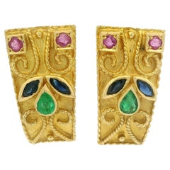 18k Yellow Gold Ruby Sapphire & Emerald Scroll Wire Work Cuff Omega Earrings