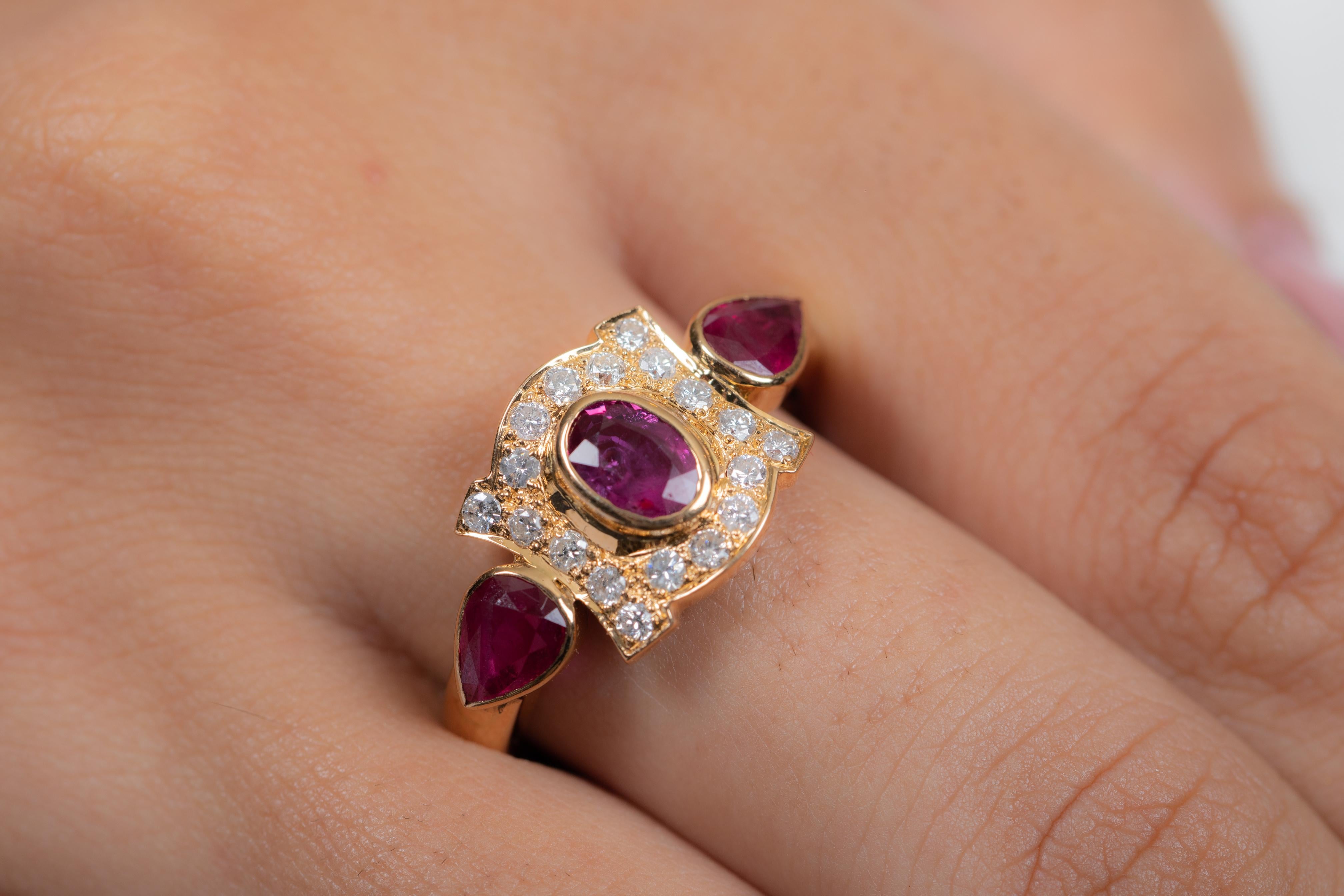 For Sale:  18K Yellow Gold Ruby Three Stone Ring with Diamonds Wedding Gemstone Ring 2