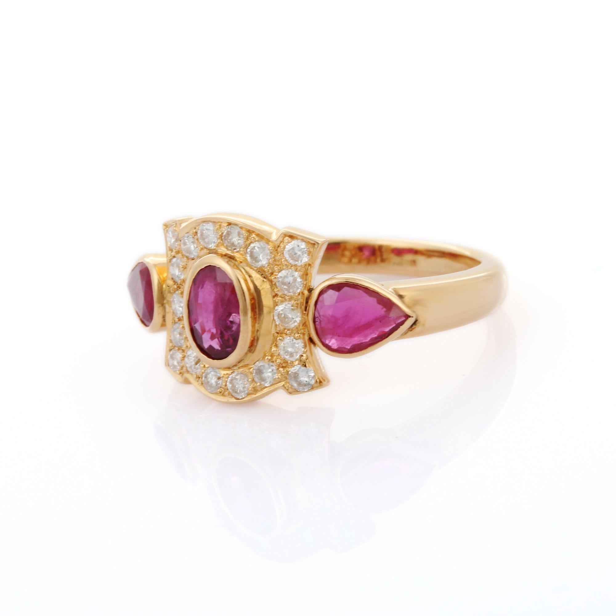 For Sale:  18K Yellow Gold Ruby Three Stone Ring with Diamonds Wedding Gemstone Ring 3