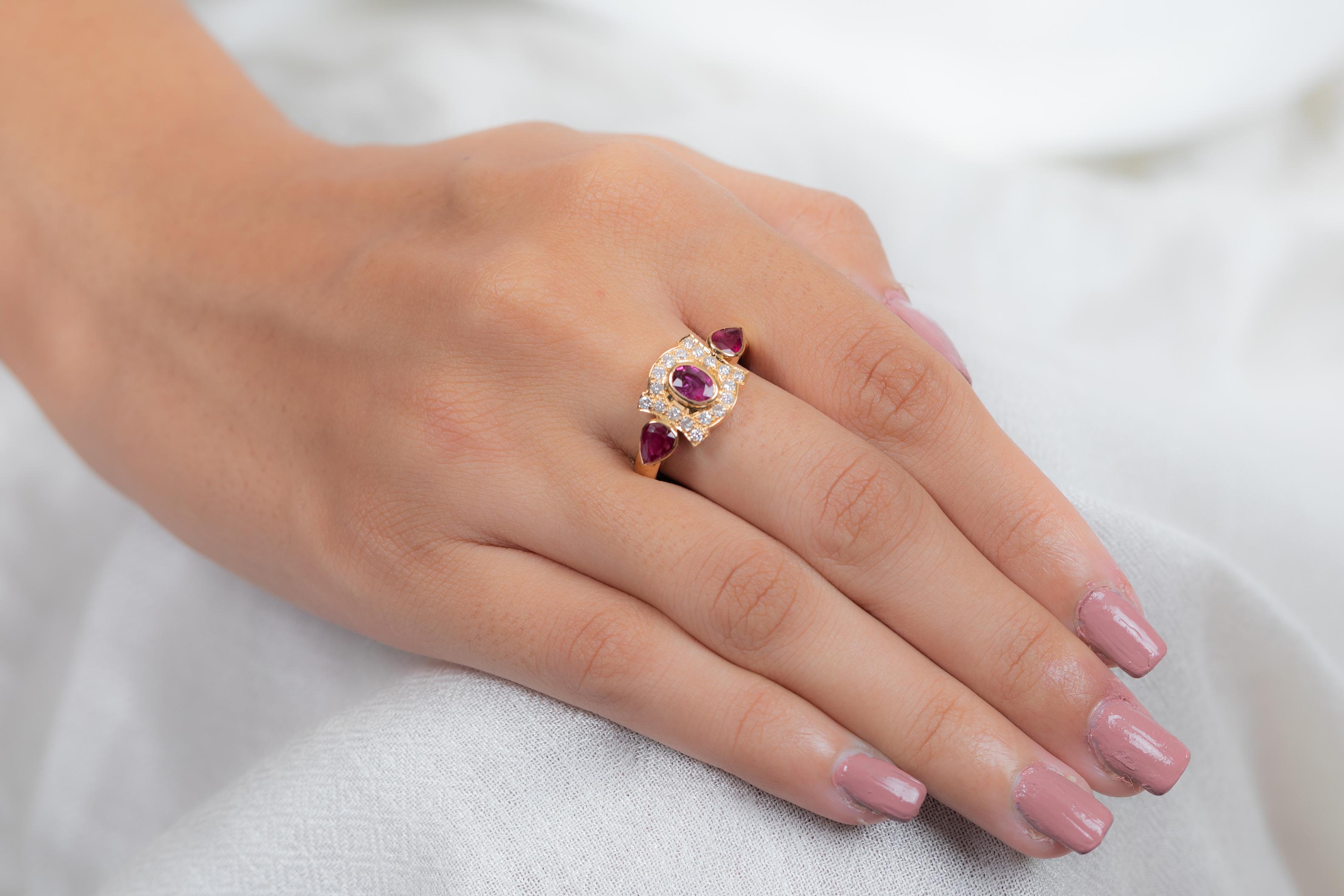 For Sale:  18K Yellow Gold Ruby Three Stone Ring with Diamonds Wedding Gemstone Ring 4